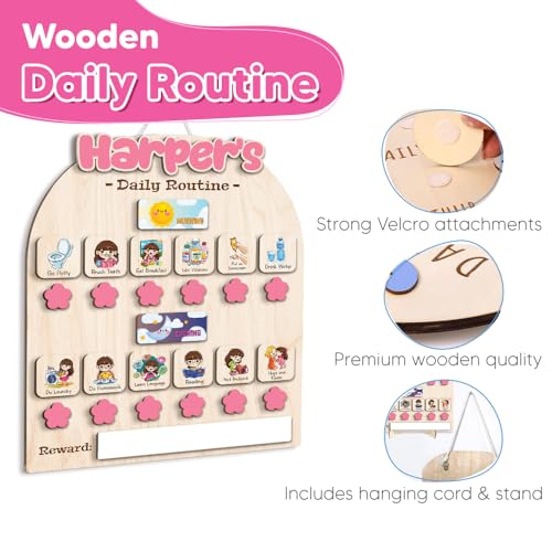 Image of Personalized Wooden Chore Chart for Kids, Daily Routine Chart for Toddlers, Visual Schedule for Kids Age 3-5, Morning Bedtime Routine for Girls (02 1)