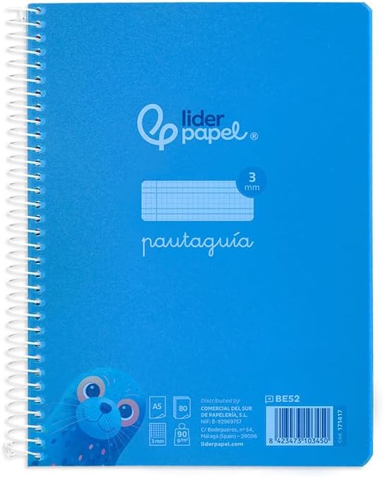 Liderpapel Spiral Notebook DIN A5 PAUTAGUIA Plastic Cover 80H 90GR Square Ruled 3 mm with Margin Blue