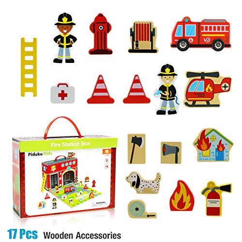 Pidoko Kids Fire Station Playset - 19 Pcs - Magnetic Portable Box - Easy Storage - Perfect Travel Toys Gift Set for Boys and Girls - 3 Year Old and Up - Wooden Accessories