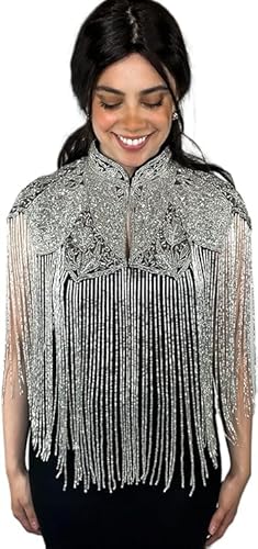 Shawl Wraps Sequin Beaded Evening Cape Bridal Art Deco Embroidered Fringe Bolero Flapper Cover Up for Dresses Wedding Party (Silver)
