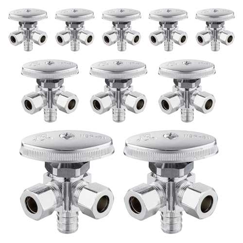 (Pack of 10) Seelink Multi-Turn Dual Outlet Angle Stop Valve, 1/2" Pex Crimp F1807 Pipe Inlet x (3/8 inch x 3/8 inch) Compression Outlets, Chrome Plated Brass