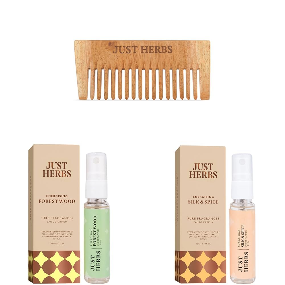 Just Herbs Handmade Wooden Neem Comb for Hair Growth and Hairfall Control for Men & Just Herbs Luxury Scent Long Lasting Forest Wood Travel Friendly Perfume 10ml & Just Herbs…