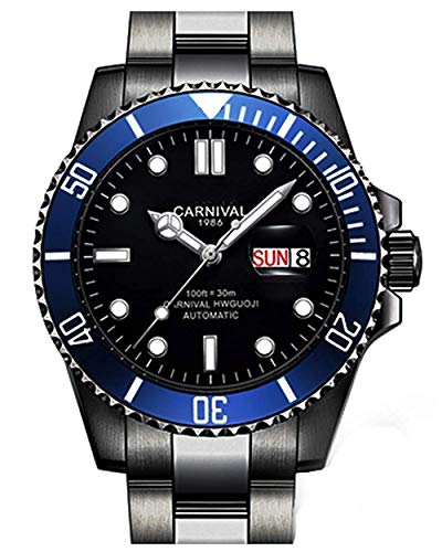 Mens Automatic Watches Classic Rotatable Bezel Stainless Steel Luxury Dress Wrist Watch with Date (Blue)