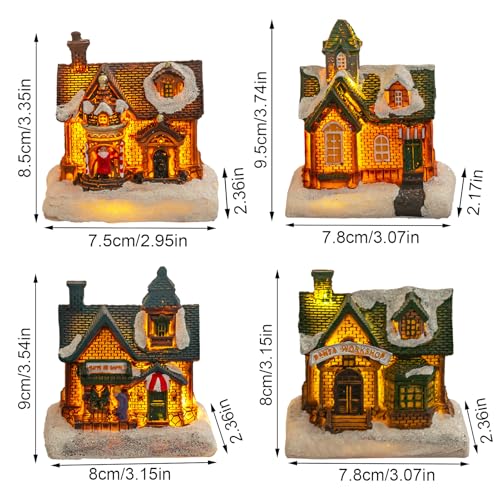 Conjunto de 4 peças de casas de aldeia de Natal iluminadas por LED, casa de resina em miniatura, faç
