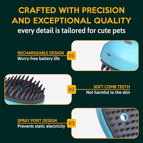 Image of Cat Steam Brush for Shedding Pets 3 in 1 Function, Spritz Defur Comb for Kittens, Steamy Hair Rake for Long-Haired Dogs, Steamer Brush for Massage, Grooming and Removing Loose Hair