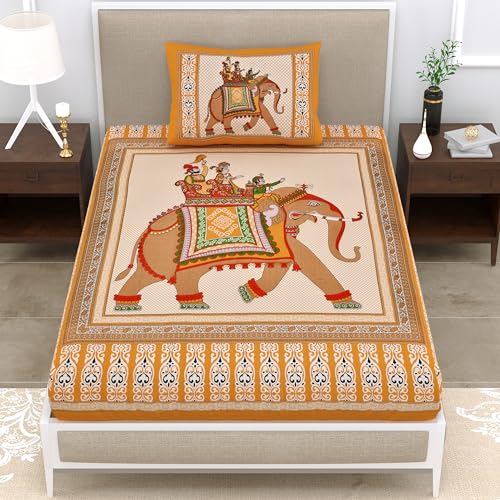 Image of Premium Rajasthani Jaipuri Traditional Sanganeri Elephant Print 144 TC 100% Pure Cotton Single Size Bedsheet with one Pillow Covers