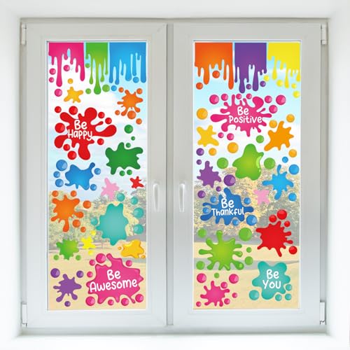 Cinrobiye 9 Sheets Inspirational Quotes Window Clings Stickers Colorful Ink Splatter Splotches Dots Window Decals for School Classroom Playroom Home Wall Glass Blackboard Party Supplies Decorations