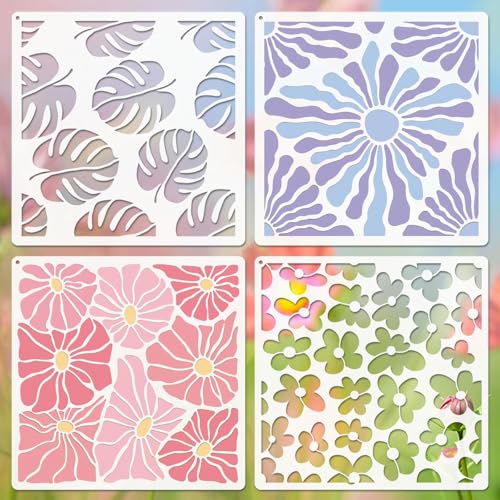 Wall Stencils for Painting Large Pattern, 4PCS 8 Inch Reusable Stencils for Crafts, Exquisite Floral Designs for Wall Furniture Home Decor, DIY Art Projects
