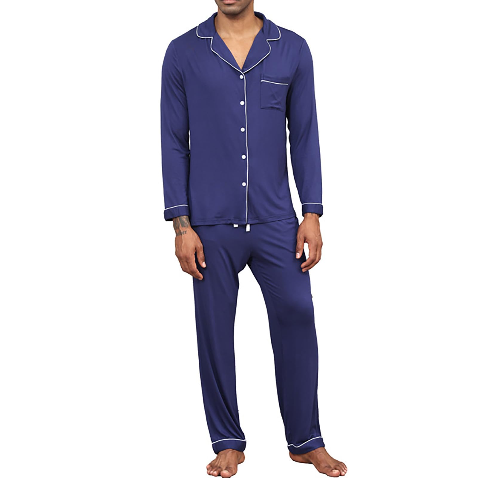 Conjunto de pijama de satén para hombre, ligero, para descansar | Ropa de dormir con botones y bolsillos, pijamas de manga larga, pantalones con botones, conjunto de pijama de seda para