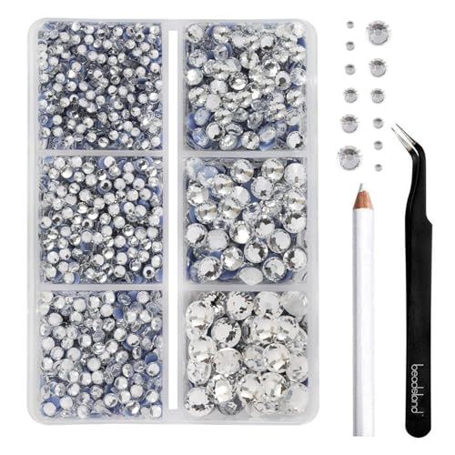 BEADSLAND pedreria hotfix,4000 PCS piedras strass termoadhesivas diamantes cristales para manualidades,Kit mixto de 6 tamaños con lápiz de cera y pinzas,SS6-SS30,Cristal Blanco Rhinestones