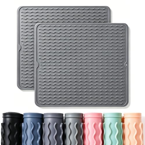 Image of 2 Pack Caketime Silicone Dish Drying Mat for Kitchen Counter Coffee Bar Accessories Heat Resistant Waterproof Dining Under Sink Organizers Dog food mat Must Haves Extra Large 18 inchx16 inch Gray