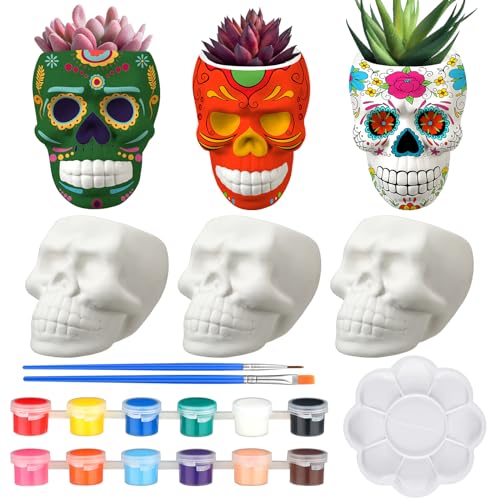 Beeveer 12 Sets Mexican Sugar Skull Crafts for Adults Skulls to Paint Skeleton Planter Paintable Ceramics Classroom Paintable Plant Pots to Paint for DIY Project Activity Decor