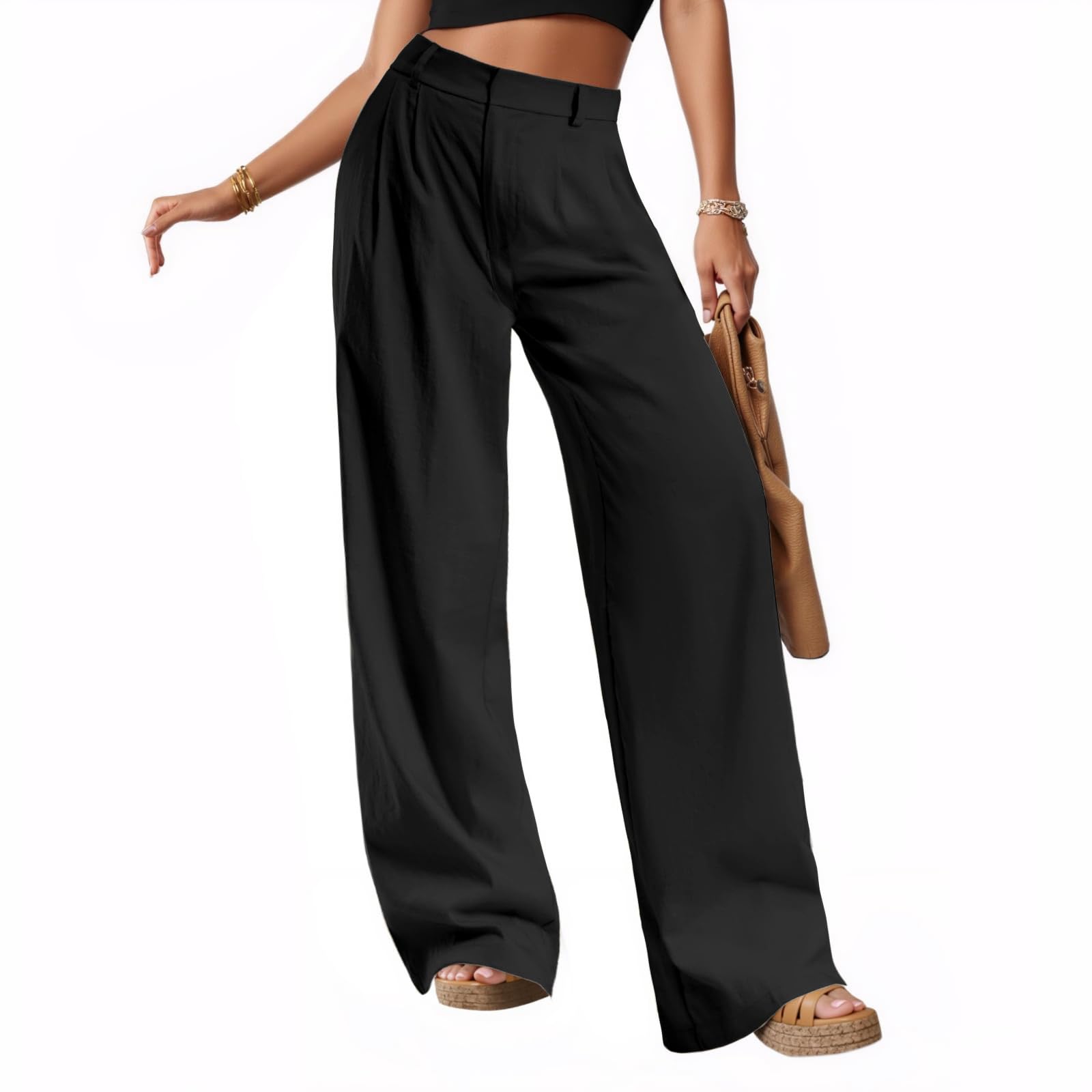 Glacspyg Pantalones de Ocio de Cintura Alta para Mujer Otoño e Invierno Tejido de poliéster y Elastano de Alta Densidad Pantalones de Trabajo Elegantes y Lisos con Bolsillos