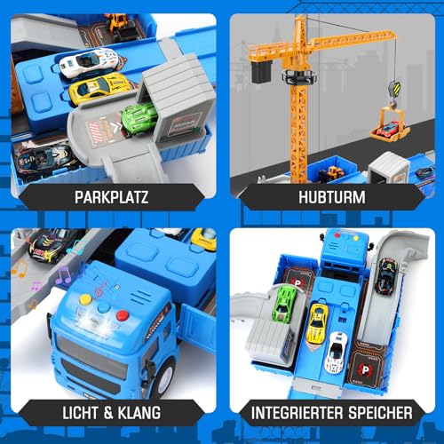 Charmofun LKW Kran mit Doppelter Auswurfschiene, Baustellenfahrzeuge Kinder Spielzeugset – Bagger, Bulldozer, Straßenwalze, Gabelstapler, Drehbarem Kran – Konstruktionsfahrzeuge Geschenk Ab 3 Jahren