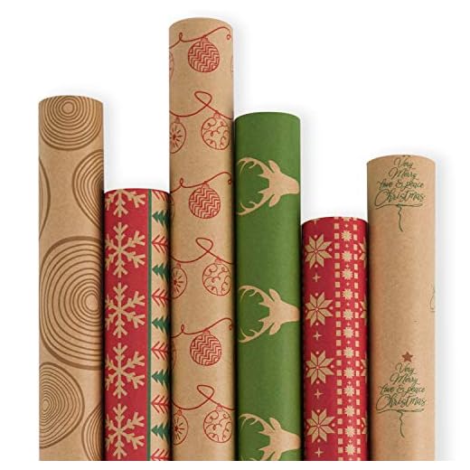 Rollo De Papel De Regalo Navideño - Papel Kraft Marrón Con Patrón Rojo Y Verde - Colección Elementos Navideños - 6 Rollos - 76 cm X 305 cm Por Rollo