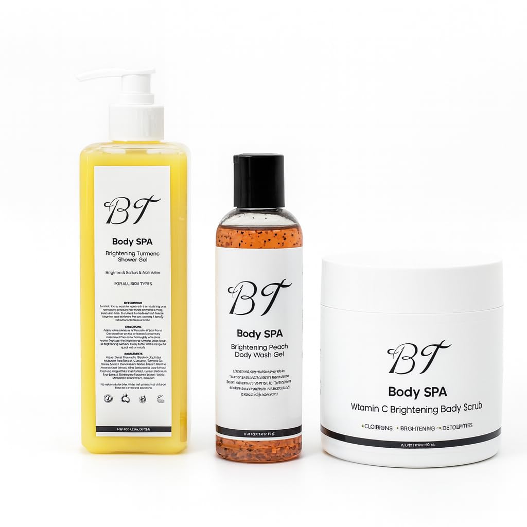 BT Body Spa Exfoliating Body Care Set – Vitamin C Body Scrub, Peach Gel Body Wash & Turmeric Body Wash for Smooth, Glowing Skin.