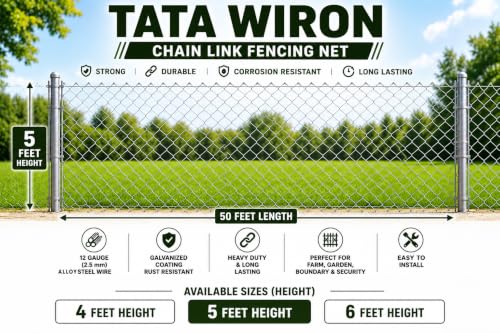 Image of Fencing Wire | Fencing Net| Heavy Duty Galvanized Chain Link Fencing Net | 5 Ft Height x 50 Ft Roll | 12 Gauge (2.5 mm) | 3 inchx3 inch Mesh | Farm, Garden, Boundary & Security Fencing Wire