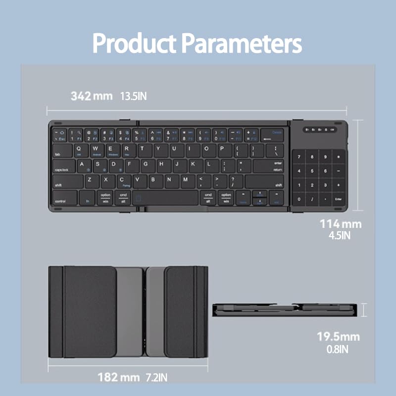 Clavier Bluetooth pliable avec pavé tactile, clavier de voyage sans fil portable avec pavé tactile, synchronisation 3 appareils, 210 mAh rechargeable pour bureau, tablette, ordinateur portable