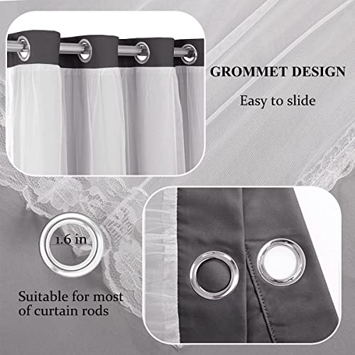 Image of Dark Grey Blackout Curtains 96 Inch Length with White Sheer Voile - Double Layered Mix and Match Nursery Grommet Curtains for Living Room,52 by 96 in, 2 Pieces