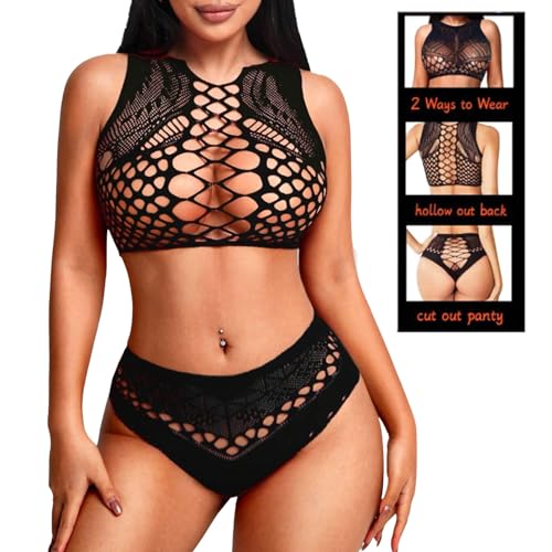 Telooco Netz Desouses für Frauen Sexy Schwarz Unterwäsche Set Netzoberteil Shorts Kleidung Gothic Karneval Festival Outfit Dessous-Sets Bauchfreies Top Netz Sexy Unterwäsche für Frau Damen