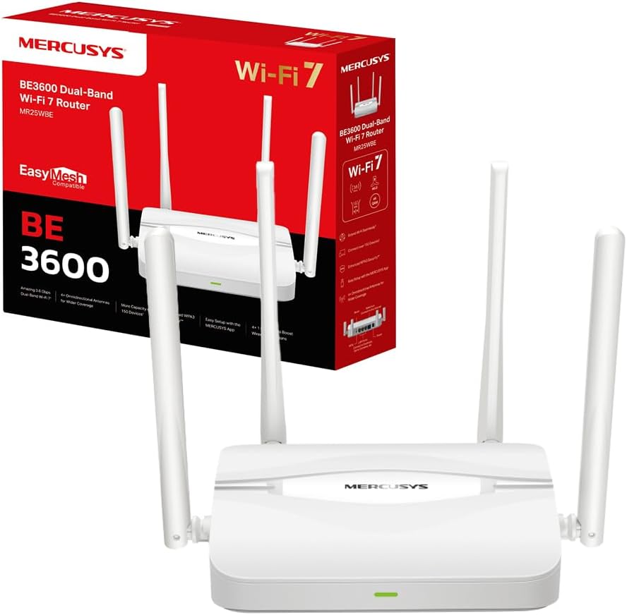 Mercusys TP-Link MR25WBE Router WiFi 7 BE3600Mbps Dual-Band, 4 Porte Gigabit, 4 Antenne Ad Alto Guadagno, Canali 160MHz, 4K-QAM, MLO, Sicurezza WPA3,