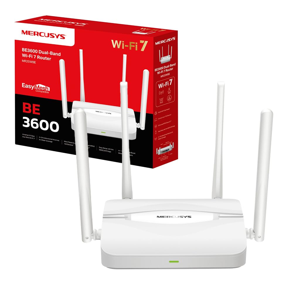 Mercusys TP-Link MR25WBE Router WiFi 7 BE3600Mbps Dual-Band, 4 Porte Gigabit, 4 Antenne Ad Alto Guadagno, Canali 160MHz, 4K-QAM, MLO, Sicurezza WPA3, Controllo da APP, non supporta xDSL