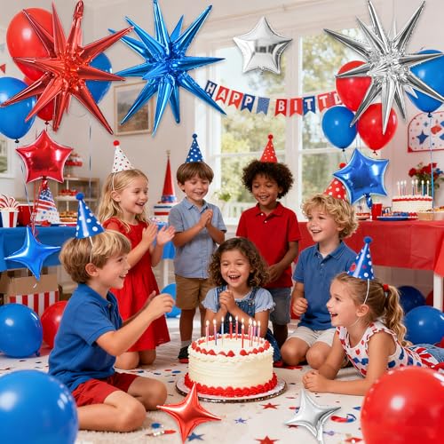 Image of TONIFUL 22Inch 15Pcs Red Blue Silver Explosion Star Balloons and 10Inch Four Pointed Star Balloons Set for Christmas New Year Birthday Wedding Bridal Shower Independence Day Anniversary Supplies