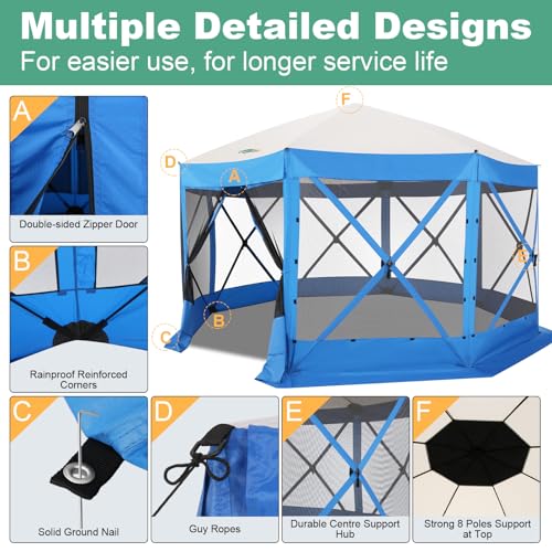Image of COBIZI 15x15 FT Pop Up Gazebo - Canopy Tent, Large Gazebos On Clearance,Instant Screened in Gazebo,carpas para Patio,Portable Screen Tents for 12-15 Persons Outdoor Camping, Backyard, Blue