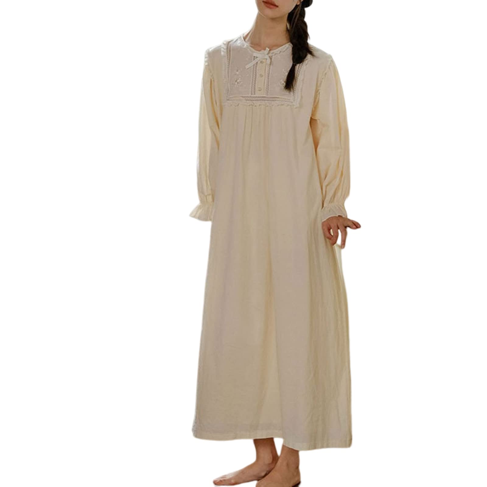 OFFSUM Camisón De Pijama De Mujer - Algodón Vintage Elegante Bordado Jacquard Vestido Suave Dulce Camisón Primavera Otoño Moda Casual Lencería Camisón