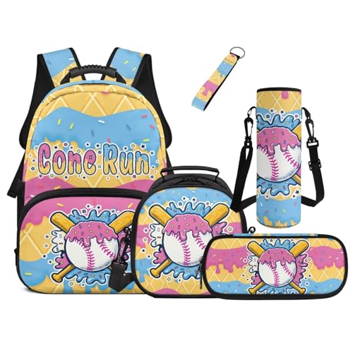 Uourmeti Cone Run Ice Cream Baseball Backpack with Lunch Bag, 5pcs for Girls Ages 7-9, Easy-Wipe Stain-Resistant Coating, Lunch Spills & Mud Wipe Off in Seconds 17' Sport Backpacks
