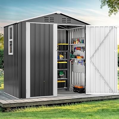 DWVO 6x4ft Metal Outdoor Storage Shed with Window, Lockable Tool Storage Sheds, Steel Garden Sheds with Sloped Roof for Backyard, Patio, Garage, Lawn, Gray + White