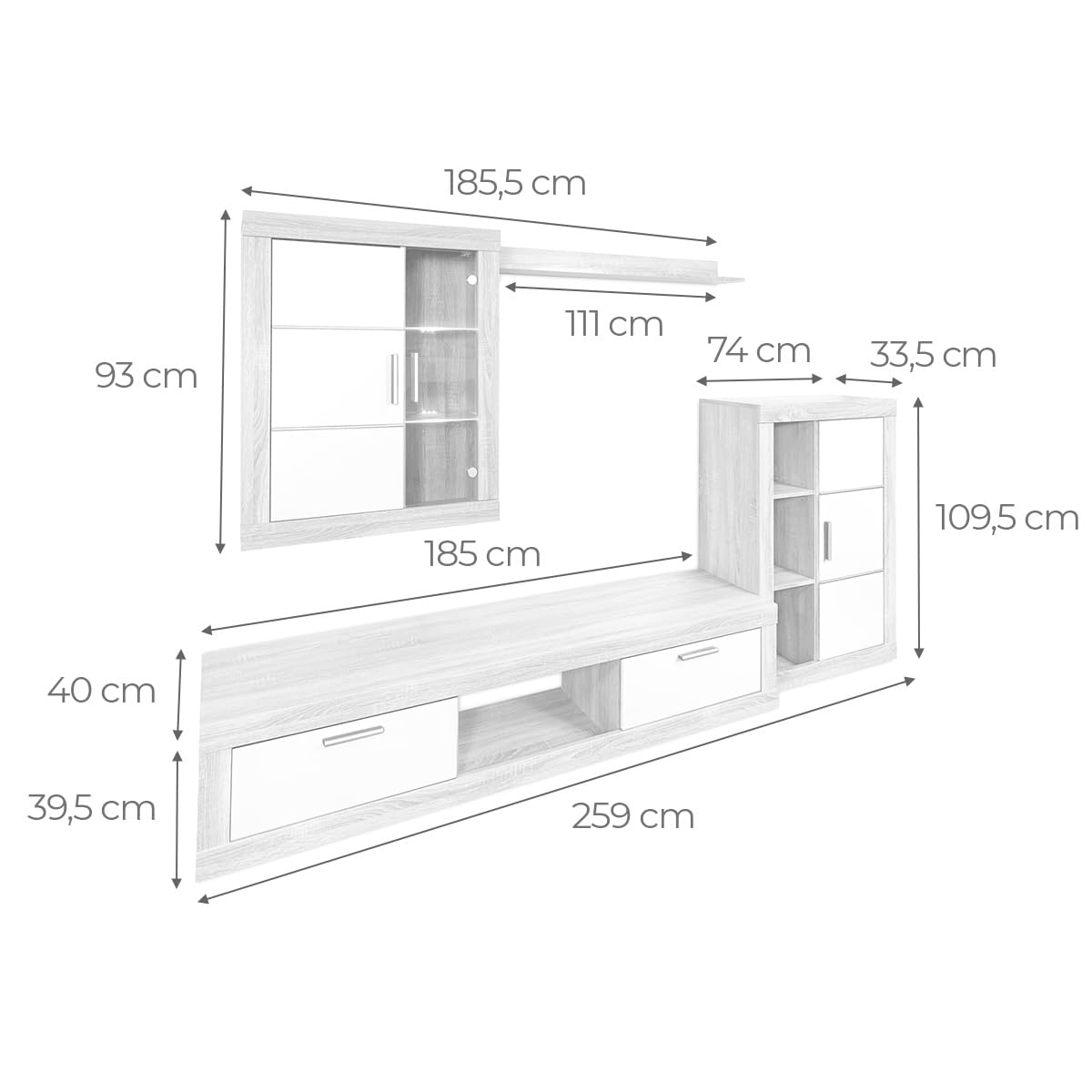 amuéblate Online - Mueble de Salón Moderno con Leds, Módulos de Comedor, Modelo Apolo, Acabado en Blanco y Cambria, Medidas: 259 cm (Ancho) x 132,5 cm (Alto) 40 cm (Fondo)