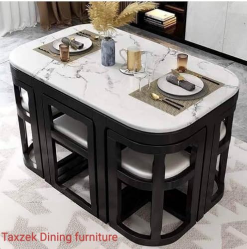 Image of Space Saving Modern Marble Design Dining Table Set with Light Weight 6 Chairs, Black Wood Frame, Cushioned Seats, 155 x 80 x 80 cm