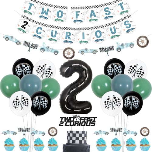Image of Jollyboom Two Fast Two Curious Birthday Decoration, Race Car 2nd Birthday Party Decorations Banner Garland Cake Cupcake Topper Number 2 Foil Balloon Blue Green Balloon for Boy Racing Car 2nd Birthday
