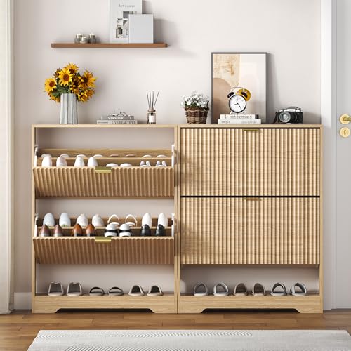 Image of HUANLEGO Shoe Cabinet Storage for Entryway with 2 Flip Drawers, Fluted Shoe Cabinet with Open Storage, Wooden Hidden Shoe Rack Freestanding Narrow Slim Shoe Organizer for Hallway, Entrance
