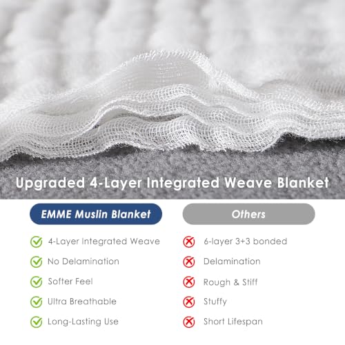 Image of EMME Cotton Muslin King Blanket 4 Layer,Oversized Gauze Bedspread Coverlet, Soft Lightweight Breathable Layered Blanket for All Season (White, 120 inchx94 inch)