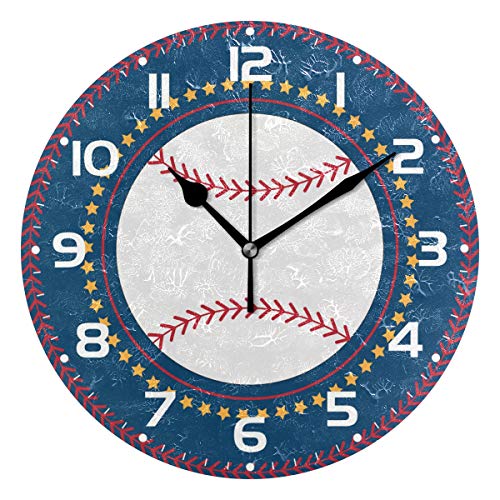 Naanle Baseball Icon Symbol On Dark Blue Stitch And Stars Circle Round/Square/Diamond Acrylic Wall Clock Oil Painting Home Office School Decorative Creative Dual Use Clock Art #TOP13