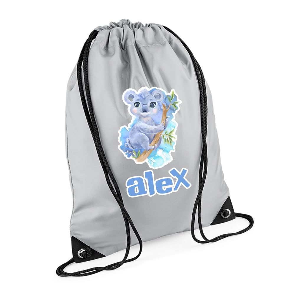 Getagift Personalized Cute Watercolour Koala Drawstring Bag for Kids, Back to School, Waterproof Sports Backpack, PE Kit Bag, Gym and Swimming Bag, Sport Rucksack. (Light Grey)