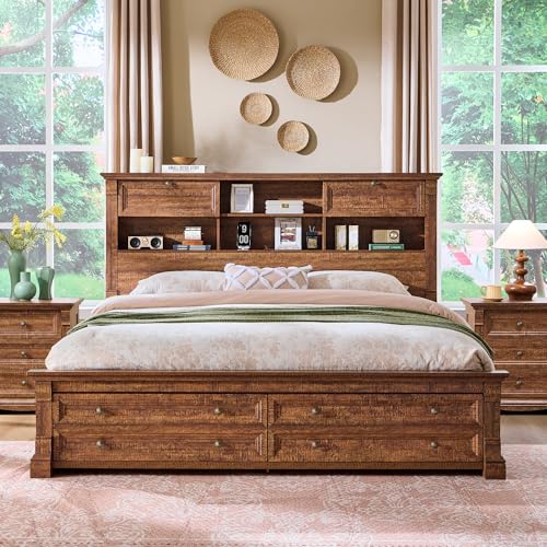 Farmhouse Queen Size Bed Frame with 54' Tall Headboard, Headboard...