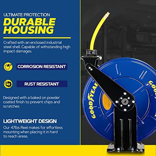 Image of Goodyear Air Hose Reel Retractable 1 /2 inch Inch x 50' Foot Long Premium Commercial Driven Sbr Hose Max 300 Psi Reinforced Steel Construction Heavy Duty Retractable Spring Industrial Dual Arm and Pedestal