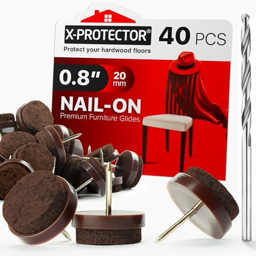 Nail-on Felt Pads X-PROTECTOR 40 PCS - 0.8 Felt Furniture Pads - Brown Chair Leg Floor Protectors - Nail in Furniture Pads for Furniture Legs - The Best Chair Pads for Hardwood Floors (20mm)!