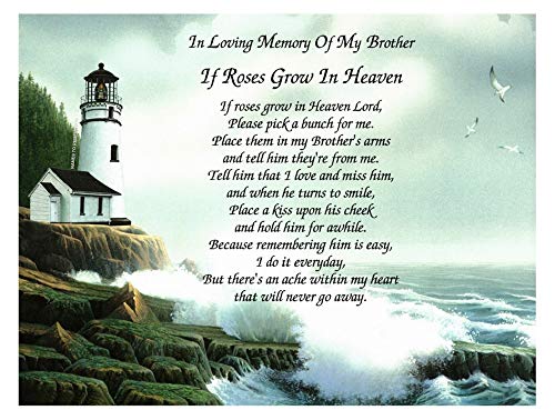 in Memory of Brother If Roses Grow in Heaven Memorial Poem Gift for Loss of Sibling with Lighthouse Background