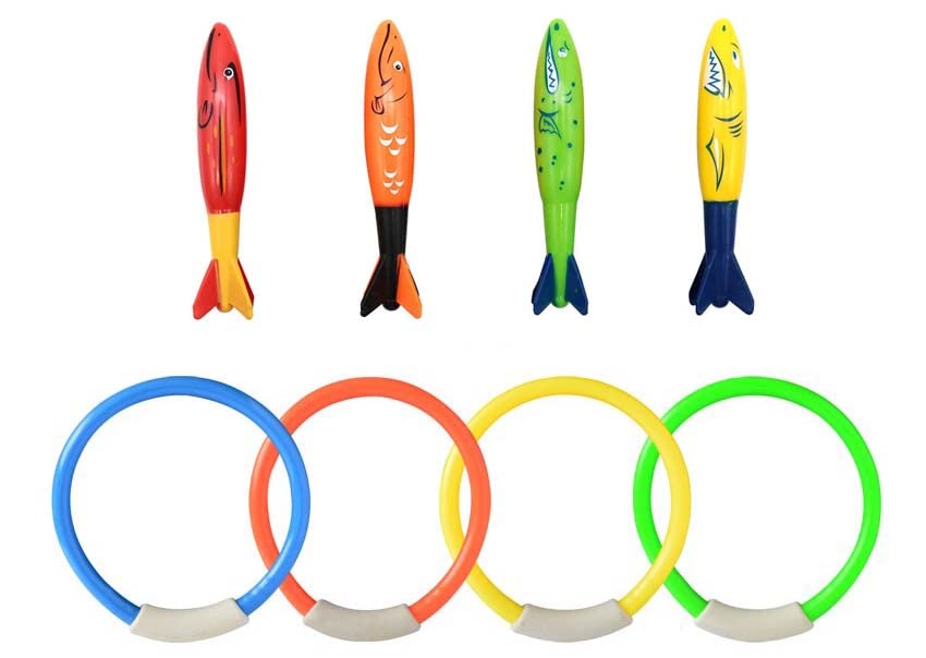 HiCollections8 Pcs Diving Pool Toys Set, 4x Dive Sticks Toy Torpedo Rocket, 4x Diving Rings for Swimming Underwater Pool Training for Kids