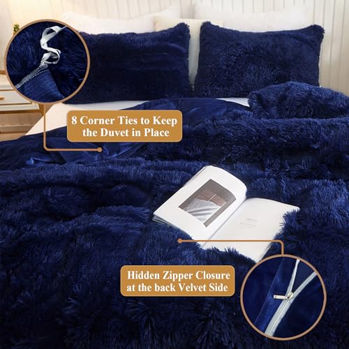 Image of XeGe Plush Shaggy Duvet Cover, Luxury Ultra Soft Crystal Velvet Fuzzy Bedding 1PC(1 Faux Fur Duvet Cover), Fluffy Furry Comforter Cover with Zipper Closure(King, Navy Blue)