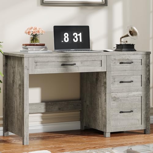 Image of Farmhouse 47 inch Executive Desk with File Drawer, Wood Computer Desk with 4 Storage Drawers, Workstation for Home Office, Study, Writing. (Grey)