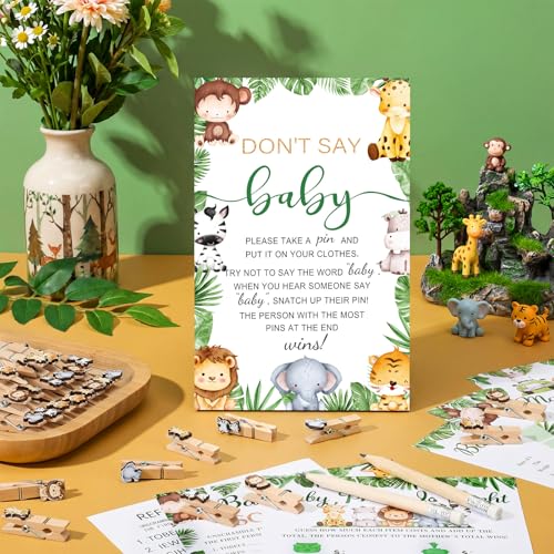 Image of Patelai 321 Safari Animal Baby Shower Games Jungle Animal Shower Birthday Party Supplies Wooden Don't Say Baby Theme Gender Reveal Party Games 5 Sets Activities Cards 20 Pencils 50 Clothespin