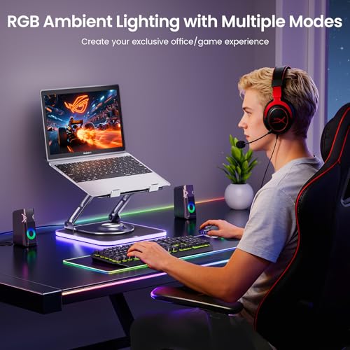 Image of JOYEKY Adjustable Laptop Stand with RGB Lighting,Aluminum Ergonomic Computer Stand with 360 Rotating Base,Foldable & Portable Laptop Riser, Suitable for All 10-16 inch Laptops (Grey)