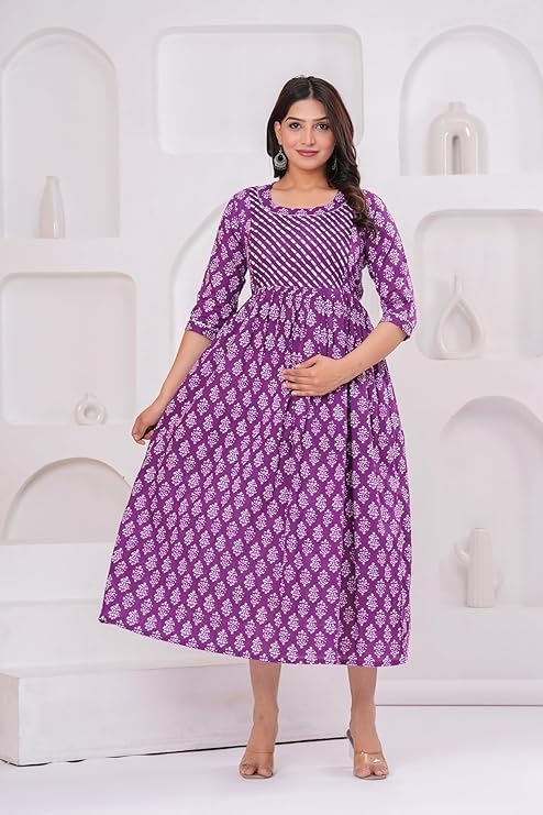 Image of Women Feeding Kurti for Women Cotton Maternity Kurta with Nursing Zip for Pre & Post Pregnancy