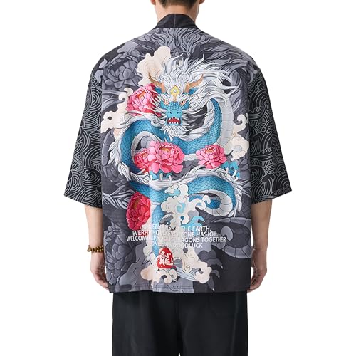 Image of PRIJOUHE Men's Japanese Kimono Cardigan Jackets Casual Long Sleeve Open Front Coat Lightweight Yukata Outwear