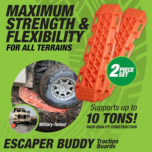Image of Maxsa 20333 Heavy-Duty Escaper Buddy Traction Mats for Off-Road Mud, Sand, & Snow Vehicle Extraction and Recovery, Bendable, Unbreakable, Orange, 2 Pack